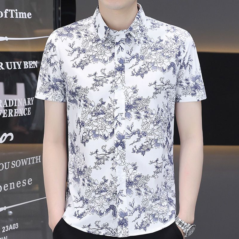 Korean Casual Trend Floral Printed Short Sleeve Shirt for Men Fashion Vintage Polo-Neck Single-breasted Shirt Male Clothes 2023