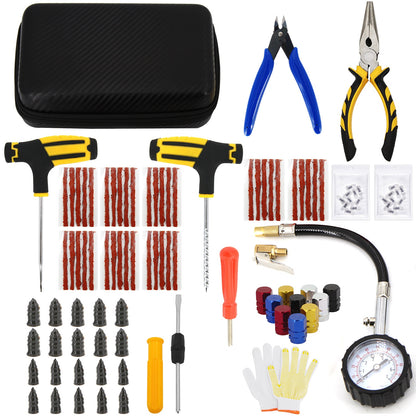 Car Tire Repair Tool Kit Studding Set Auto Bike Puncture Plug Garage Needle Nose Pliers Vacuum Film Nail Screws W/ Storage Case