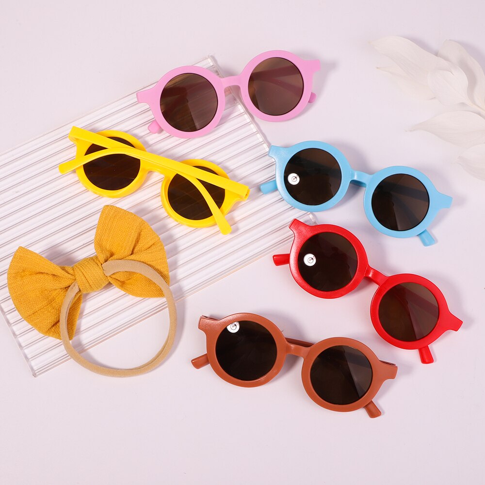 2Pcs/Pack Vintage Kids Summer Bows Headband Round Sunglasses Children Sun Glasses Protection Glasses Baby Hair Accessories