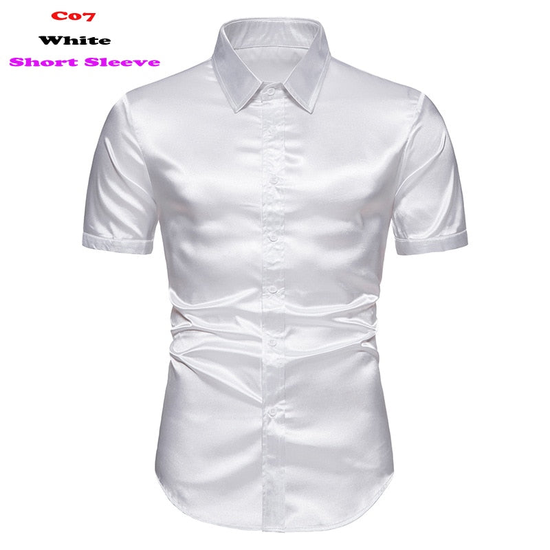 Royal Blue Silk Satin Shirt Men 2023 Luxury Brand New Slim Fit Mens Dress Shirts Wedding Party Casual Male Casual Shirt Chemise