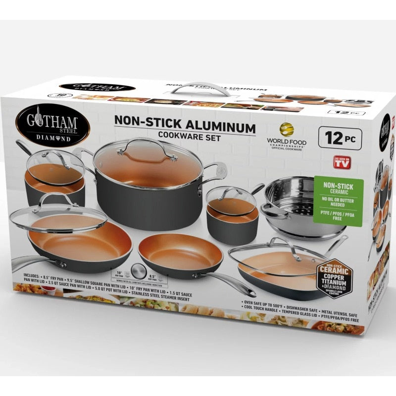 Gotham Steel Diamond 12 Piece Cookware Set, Non-Stick Copper Coating, Includes Skillets, Frying Pans and Stock Pots Dishwasher