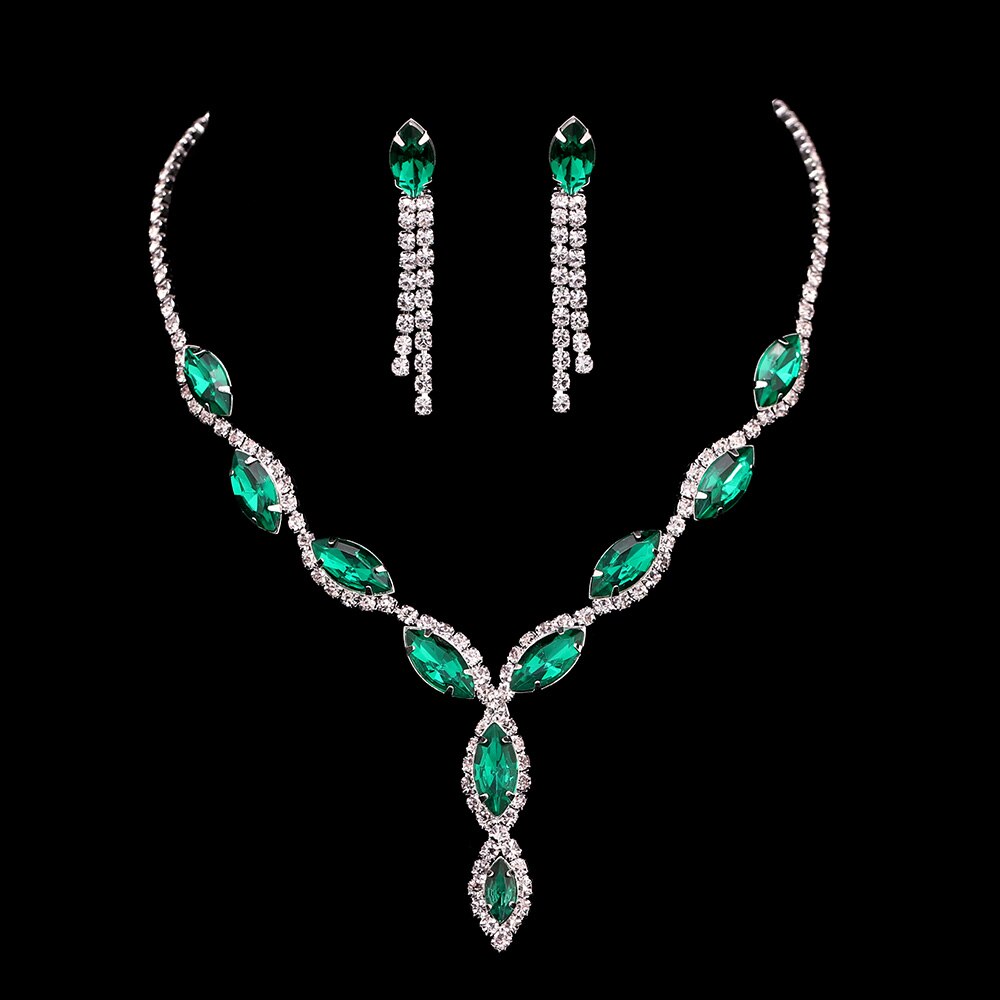Fashion Blue Red Green Crystal Prom Wedding Jewelry Set Women Accessories Flower Tassel Necklace Earrings Bridal Jewelry Set