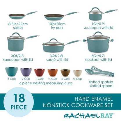 Rachael Ray Cucina Hard Enamel Nonstick Cookware and Prep Bowl Set, 18-Piece, Blue