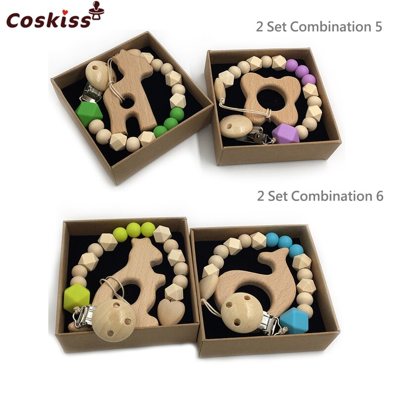 2pc Baby Teether Organic Wooden Animal Teether Natural Teething Grasping Toy Silicone Bead Toddler Teether Newborn DIY Baby Gift