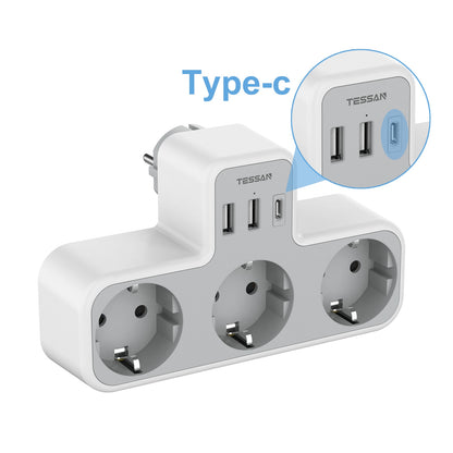 TESSAN Multi Outlets Power Stirp with Outlet and USB Ports, EU Wall Socket Power Adapter with Overload Protection for Home