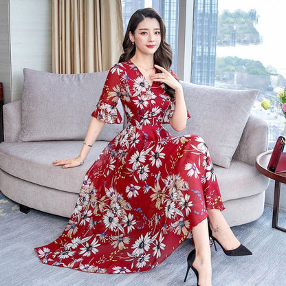 Women Floral Long Dress 2023 Casual Fashion Chiffon A Line V Neck Short Sleeve Dress Summer Elegant Fashion Comfortable Dresses