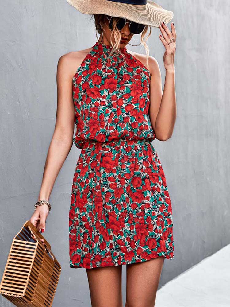 2023 Summer Short Floral Dress Women Sleeveless Mini Halter Boho Dress Ladies Sundress Flower Holiday Party Dress For Women Red