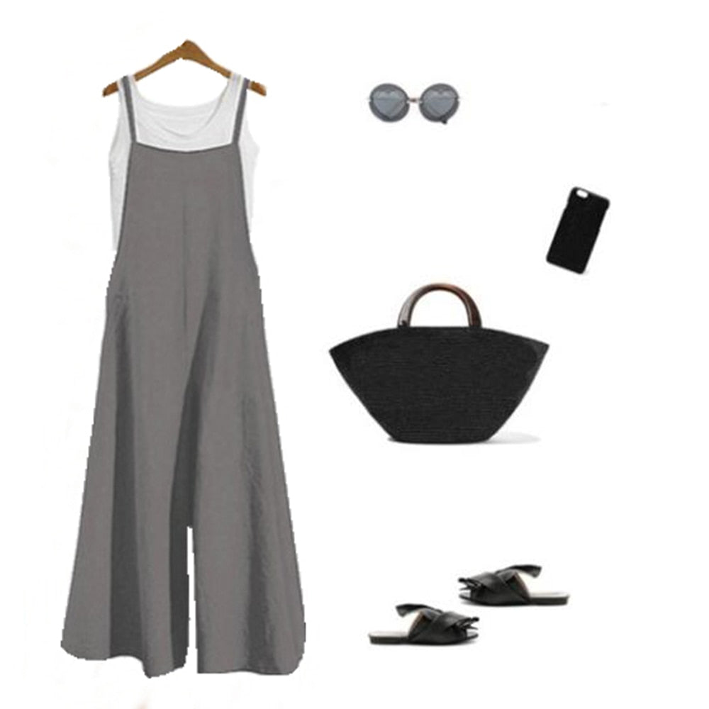Casual Loose Jumpsuit Women Summer Solid Cotton Linen Straps Wide Leg Pants Dungaree Bib Overalls Sleeveless Oversized Jumpsuits