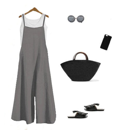 Casual Loose Jumpsuit Women Summer Solid Cotton Linen Straps Wide Leg Pants Dungaree Bib Overalls Sleeveless Oversized Jumpsuits