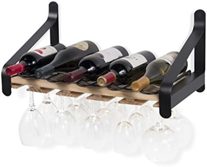 Mount Wood Floating Wine  with Glassware Holder Stemware Shelf Organizer for 5 Bottle and up to 15 Glass Storage - Kitchen Dinin