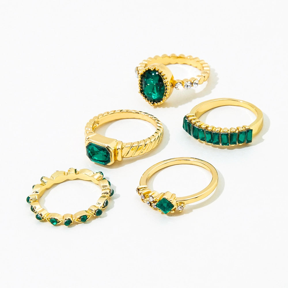 Aprilwell 5Pcs Green Crystal Rings Set for Women Gold Plated Vintage Aesthetic Geometric Luxury Anillos Lady Jewelry Gifts Bague