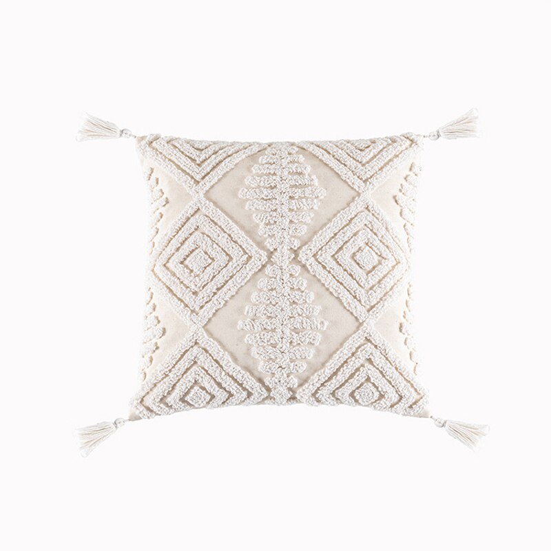 Morocco Tufted Throw Pillow Case with Tassels Boho Farmhouse Cushion Covers for Sofa Couch Home Décor 45x45cm Cream Beige TJ7143