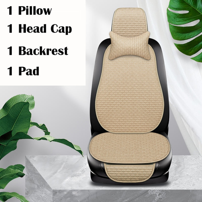 Flax Car Seat Cover Breathable Comfortable Summer Linen Seat Cushion Protector With Storage Bag Auto Interior Mat Universal Size