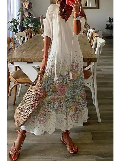 2023 Bohemian Long Dress Women Summer Vintage Floral Print V Neck Half Sleeve Dresses Female Casual Drawstring Loose Beach Dress