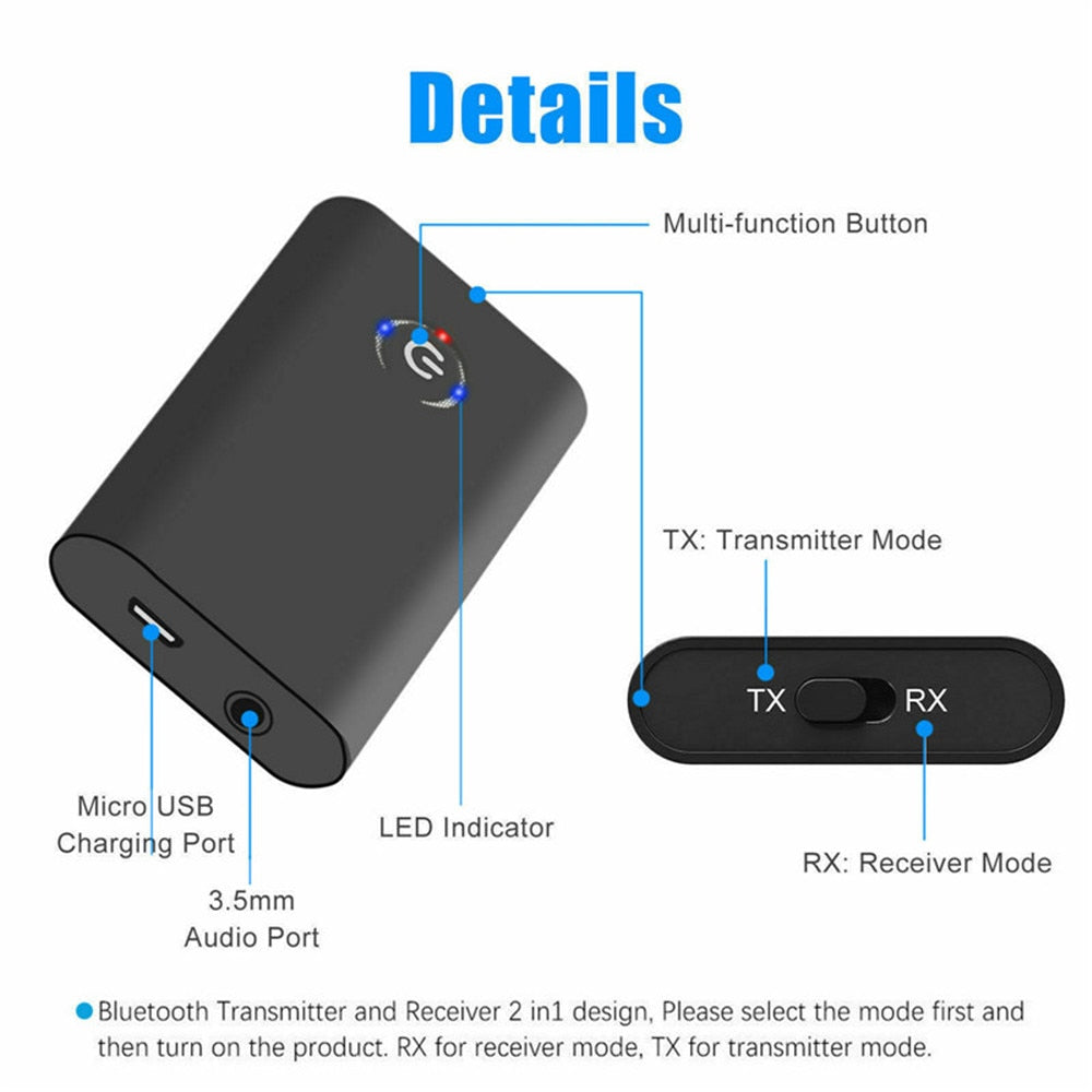 2 in 1 Bluetooth 5.0 Transmitter Receiver TV PC Car Speaker 3.5mm AUX Hifi Music Audio Adapter/Headphones Car Stereo Device