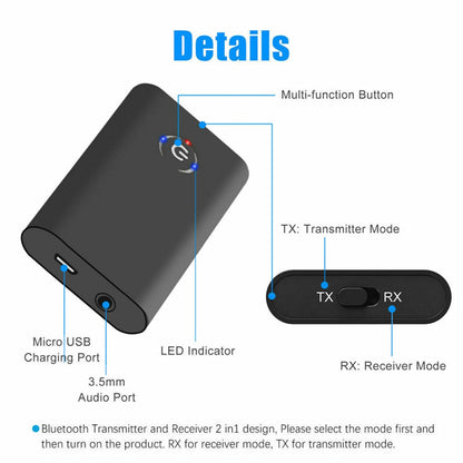2 in 1 Bluetooth 5.0 Transmitter Receiver TV PC Car Speaker 3.5mm AUX Hifi Music Audio Adapter/Headphones Car Stereo Device