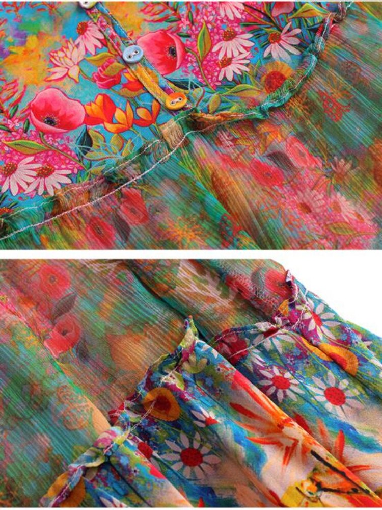 High Quality Summer 2023 Beach Boho Vintage Print Chiffon V Neck Dress Elegant Party Robe Designer Vestidos Loose Midi Dresses