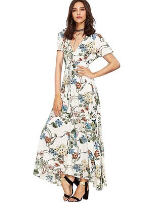 Casual Vacation Bohemian Half Short Sleeve Dress Vintage V-Neck Loose Long Printed Dress Elegant 5XL Pleasure Dress Women 19138