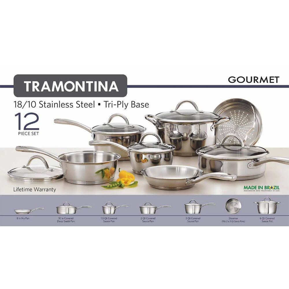 Gourmet Stainless Steel Tri-Ply Base Cookware Set, 12 Piece Camping Cookware