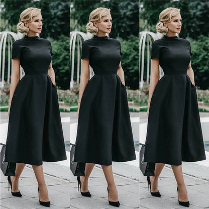 2022 Women Elegant Black Dress Half High Collar High Waist A-Line Dresses Slim Fit Midi Dress Office Lady Female Solid Vestidos