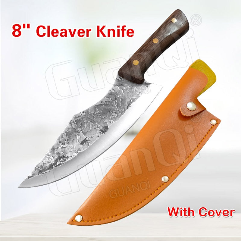 Handmade Forged Stainless Steel Kitchen Knife Cleaver Chinese Butcher Boning Knife Pig Beef Cutting Knife with Knife Wood Handle