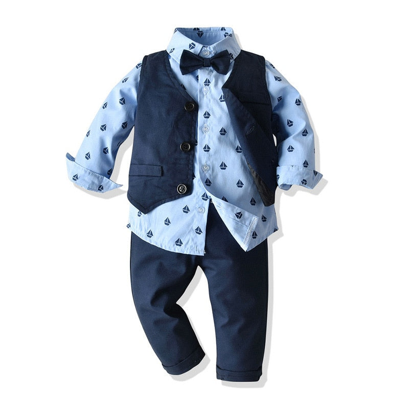 Baby Boy Clothes Birthday Party Baby Costume Boys Gentleman Tie Blue Shirt Vest Pants Autumn Toddler Baby Clothing Set Outfits