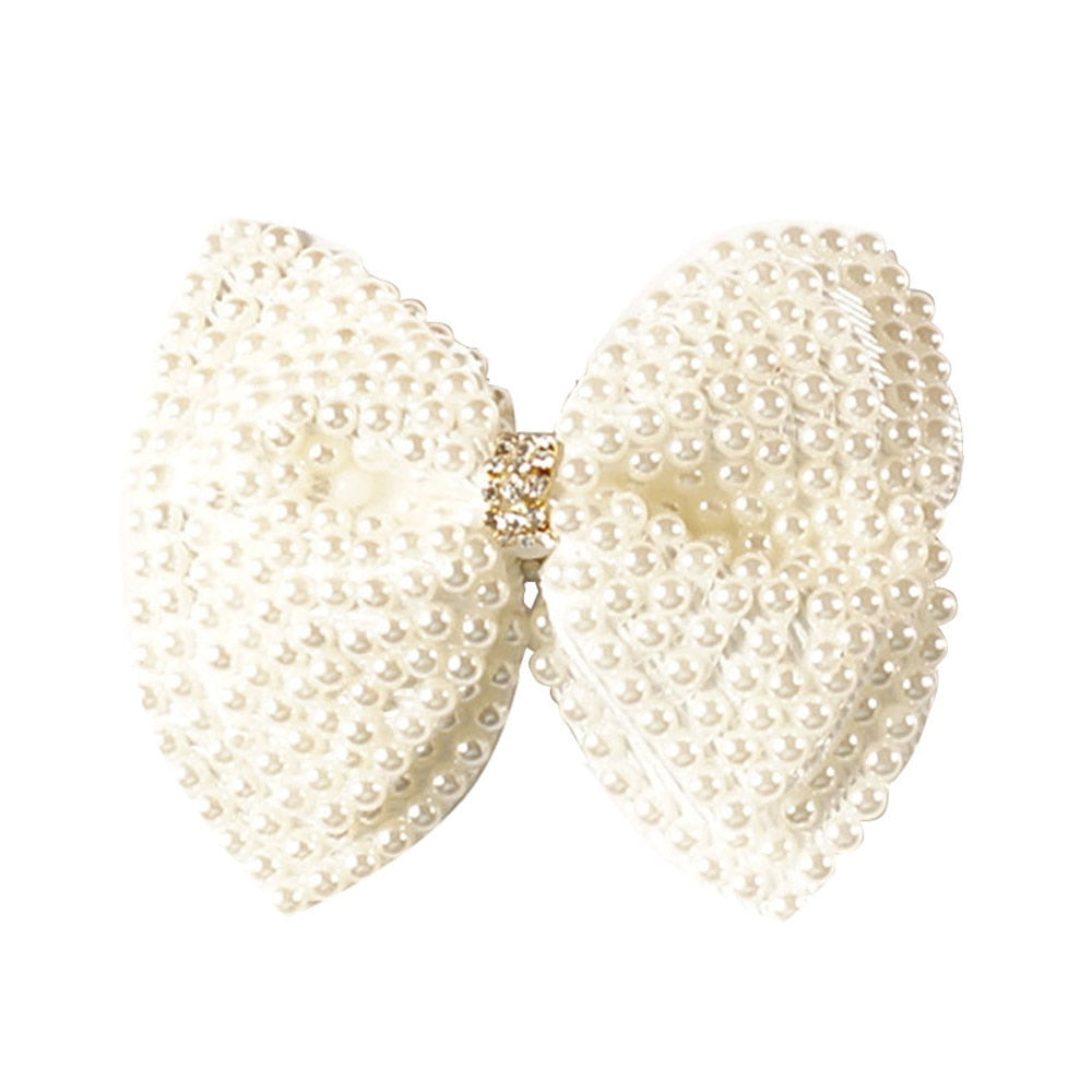 White Pearl Hair Bows With Hair Clips For Girls Kids Boutique Layers Bling Rhinestone Center Bows Hairpins Hair Accessories