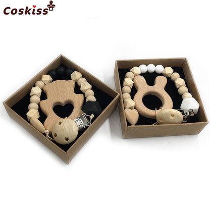 2pc Baby Teether Organic Wooden Animal Teether Natural Teething Grasping Toy Silicone Bead Toddler Teether Newborn DIY Baby Gift