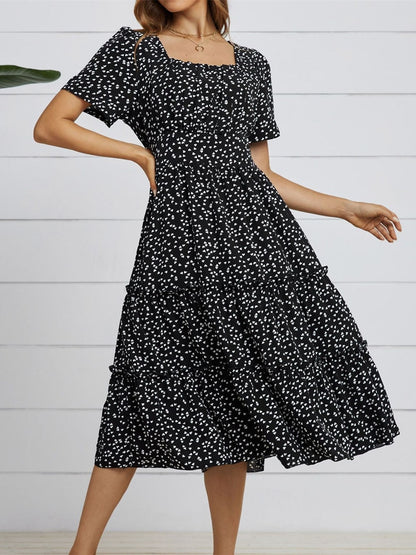 Msfilia Summer Love Pattern Dot Print Dress Women Casual Short Sleeve Square Collar Ruffles Medium Long Chiffon Dress