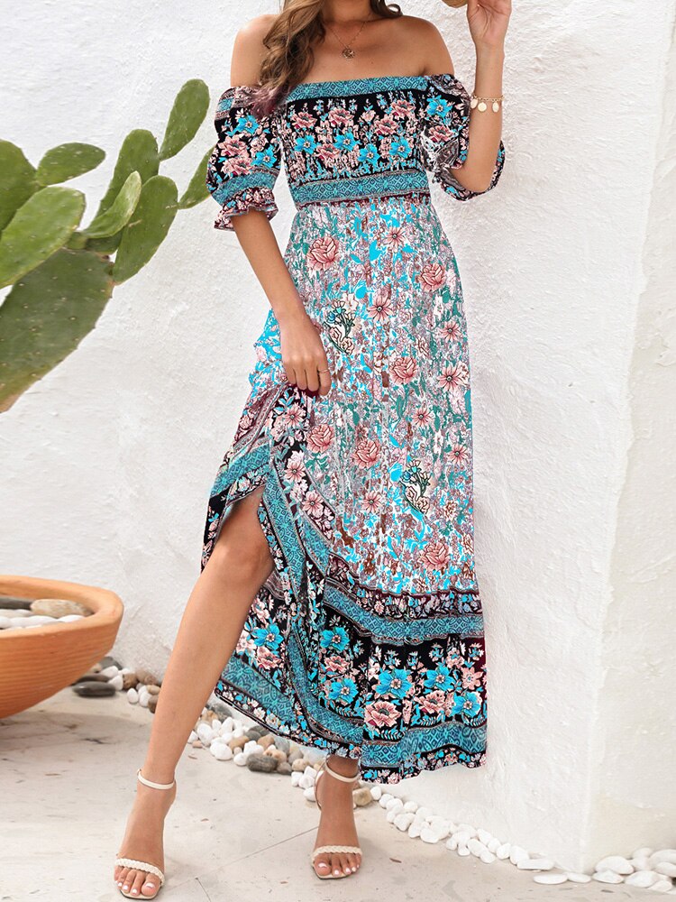 Boho Floral Print Long Dress Women Summer Beach Sundress Short Sleeve Square Neck Ruffle Pleated Dress Bohemian Casual Dresses