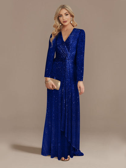 Lucyinlove Luxury Long Sleeve V-Neck Evening Dress 2023 Party Women Wedding Sequins For Female Guests Blue Prom Cocktail Dresses