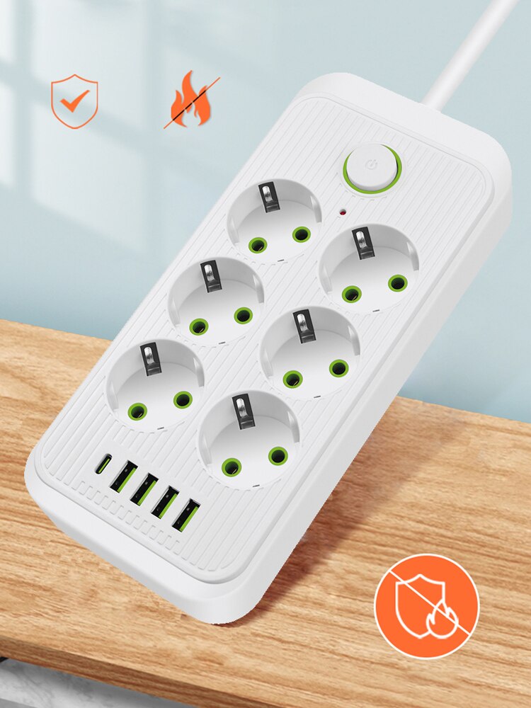 EU Plug Multiprise Power Strip Extension Cable 6 AC Outlets Electrical Socket Network Filter With 4 USB C PD Fast Smart Charging