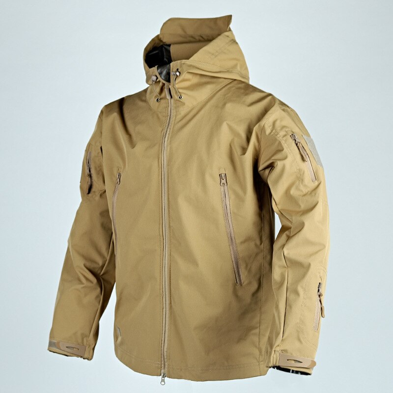 Spring and Autumn Thin Shark Skin Jacket Men&#39;s Hooded Multi Pocket Zipper Tactical Coat Men Outdoor Special Forces Combat Jacket