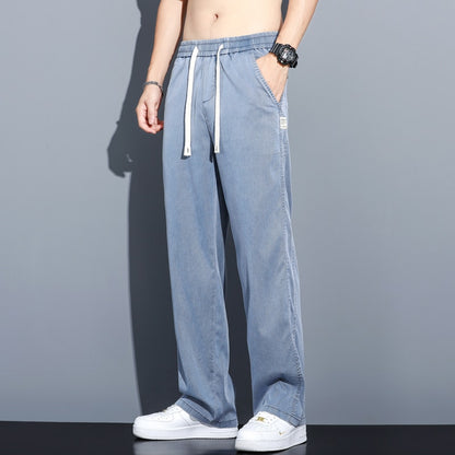 Summer Soft Lyocell Fabric Men&#39;s Jeans Thin Loose Straight Pants Drawstring Elastic Waist Korea Casual Trousers Plus Size M-5XL