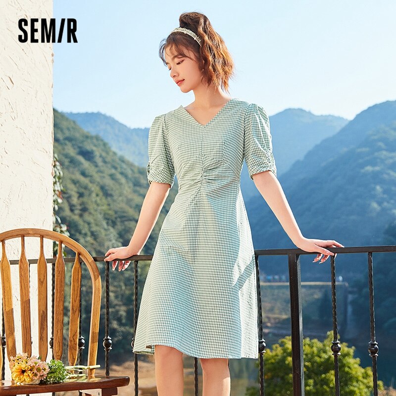SEMIR Dress Women V-Neck Puff Sleeves Textured Plaid Dresses 2022 Summer New Temperament Slim Dress Sweet