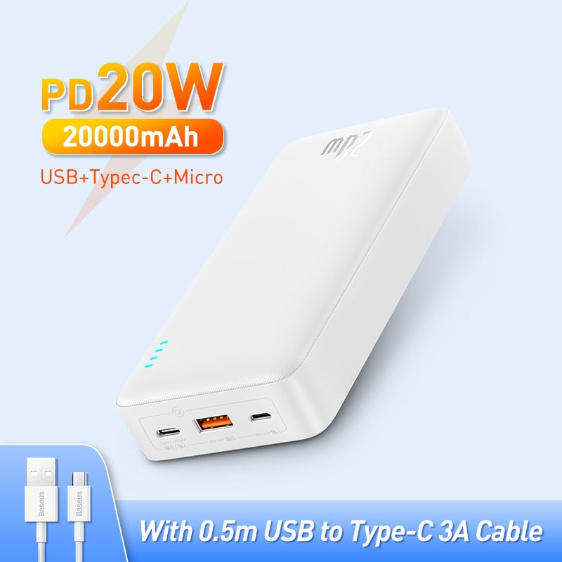 Baseus 20000mAh Power Bank PD QC 20W Portable Charger External Battery Quick Charge Powerbank for iPhone HUAWEI Xiaomi Samsung