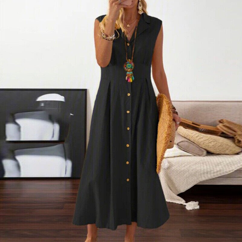 2023 Summer Cotton Linen Women&#39;s Long Dress Black V-neck Sleeveless A-line Loose Dresses Female New Casual Elegant Lady Clothes