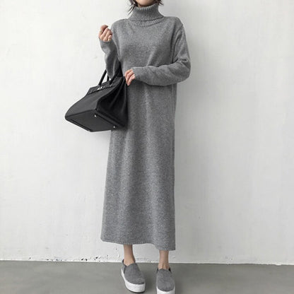 Turtleneck Winter Womens Dress 2021 Fall Sweater Women Dress Long Sleeve Knitted Dresses Maxi Vintage Oversize Dresses Knitting