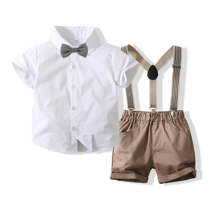 Summer Baby Boys Party Dress Suit Cotton Short Sleeve With Shirt + Belt Shorts 2PCS Outfits Kids Boys Gentleman Clothes Sets