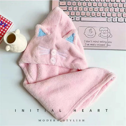 Cute Cat Hair Cap Microfiber Hair Towel Long Hair Quick Dry Hat Bath Towel Strong Water Absorbent Women Wrap Wiping Hair Towel