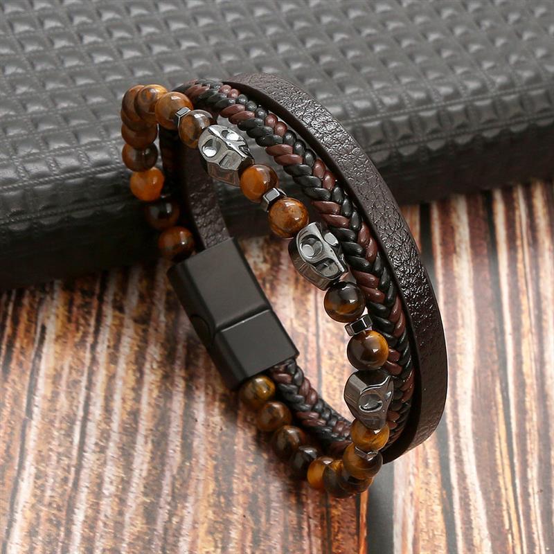 High Quality Leather Bracelet Men Classic Fashion Tiger Eye Beaded Multi Layer Leather Bracelet For Men Jewelry Gift