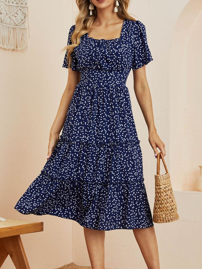 Msfilia Summer Love Pattern Dot Print Dress Women Casual Short Sleeve Square Collar Ruffles Medium Long Chiffon Dress