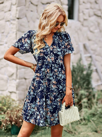 Msfilia Fashion Floral Dress Women Spring Autumn V Neck Short Sleeve Loose Chic Printed Dresses