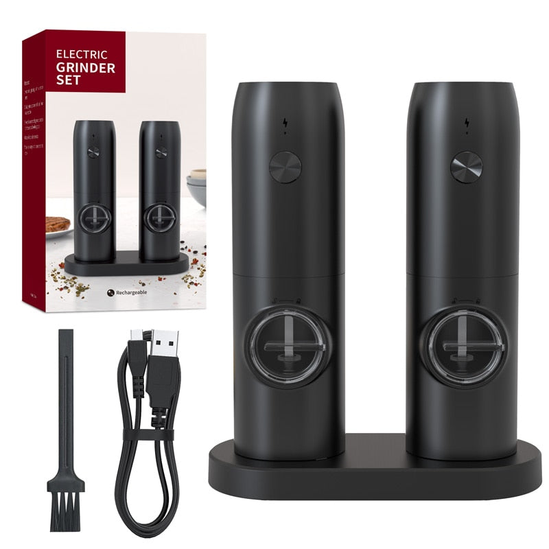 Rechargeable Salt Pepper Grinder Set USB Charging Base Adjustable Automatic Electric Spices LED One Hand Mill Kitchen Tools