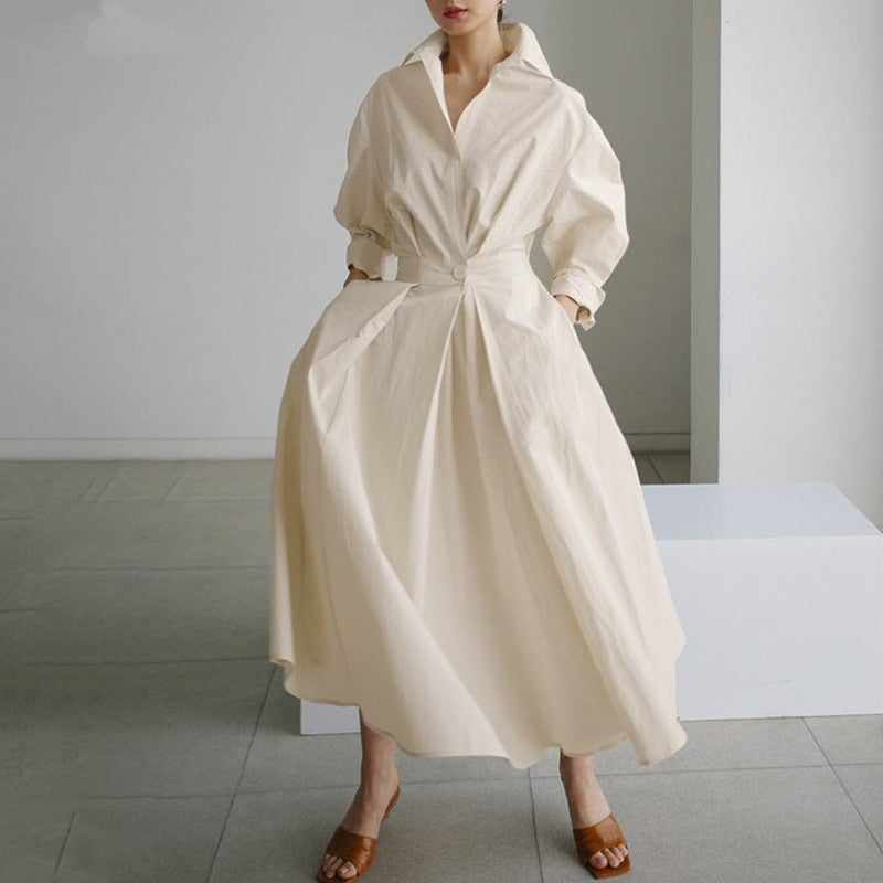 S-5XL Korean Fashion Long Sleeve Shirt Dress Chic Turndown Neck Ruched Maxi Dress Women 2022 Autumn Winter Clothes Streetwear