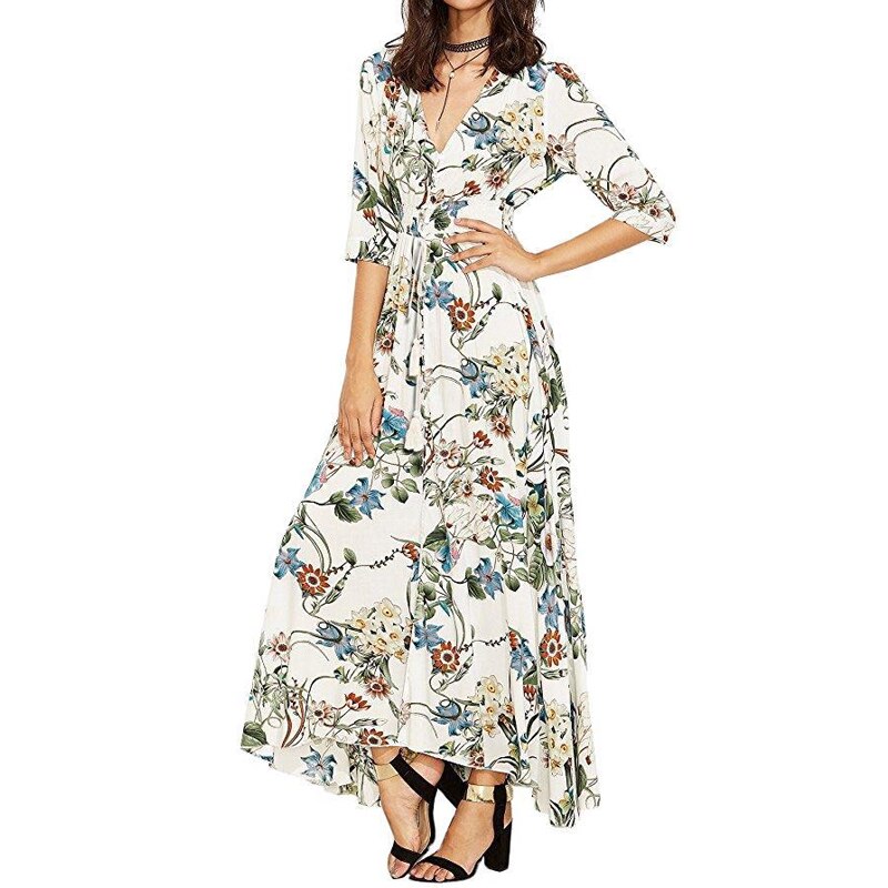 Casual Vacation Bohemian Half Short Sleeve Dress Vintage V-Neck Loose Long Printed Dress Elegant 5XL Pleasure Dress Women 19138