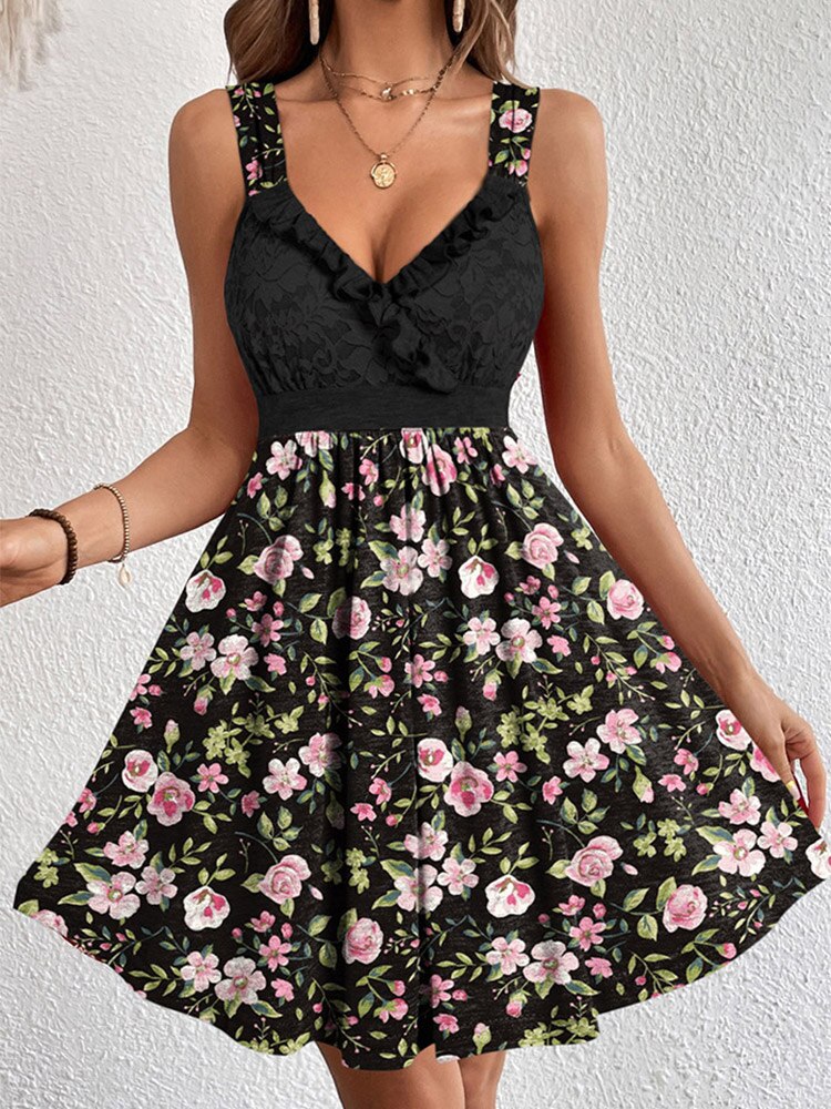 Women Floral Patchwork A-line Ruffled Lace Splicing Open Back Mini Dress 2023 Summer V-Neck Office Lady Casual Dresses Vestido