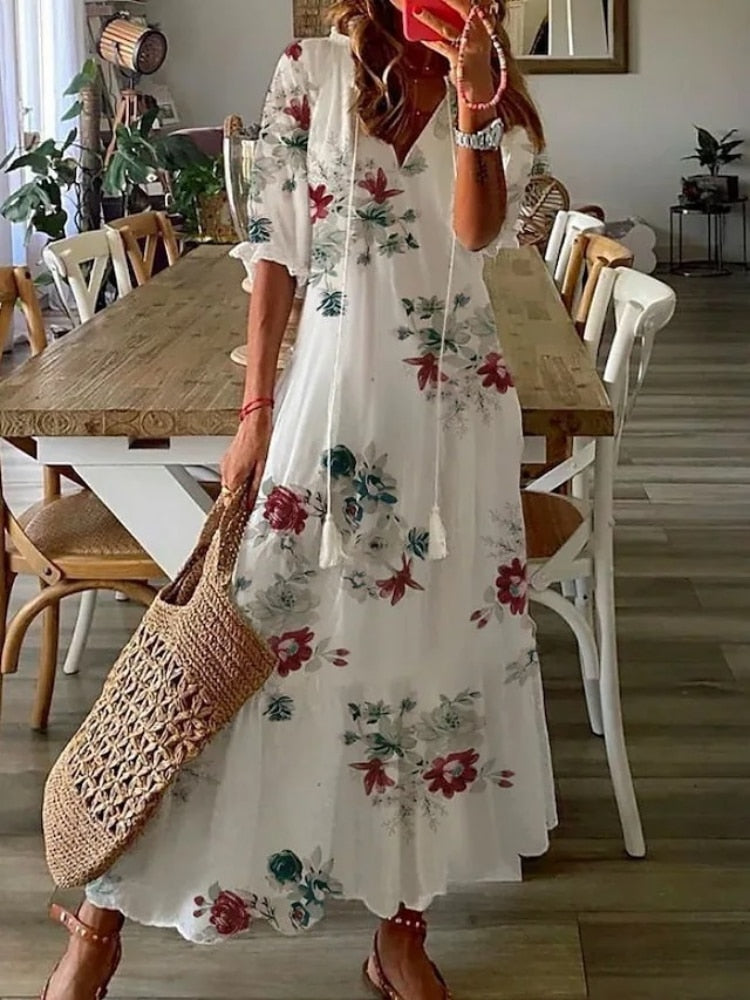 2023 Bohemian Long Dress Women Summer Vintage Floral Print V Neck Half Sleeve Dresses Female Casual Drawstring Loose Beach Dress