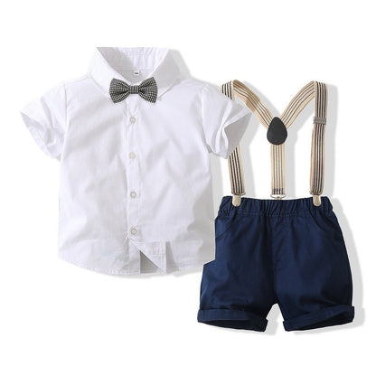 Summer Baby Boys Party Dress Suit Cotton Short Sleeve With Shirt + Belt Shorts 2PCS Outfits Kids Boys Gentleman Clothes Sets