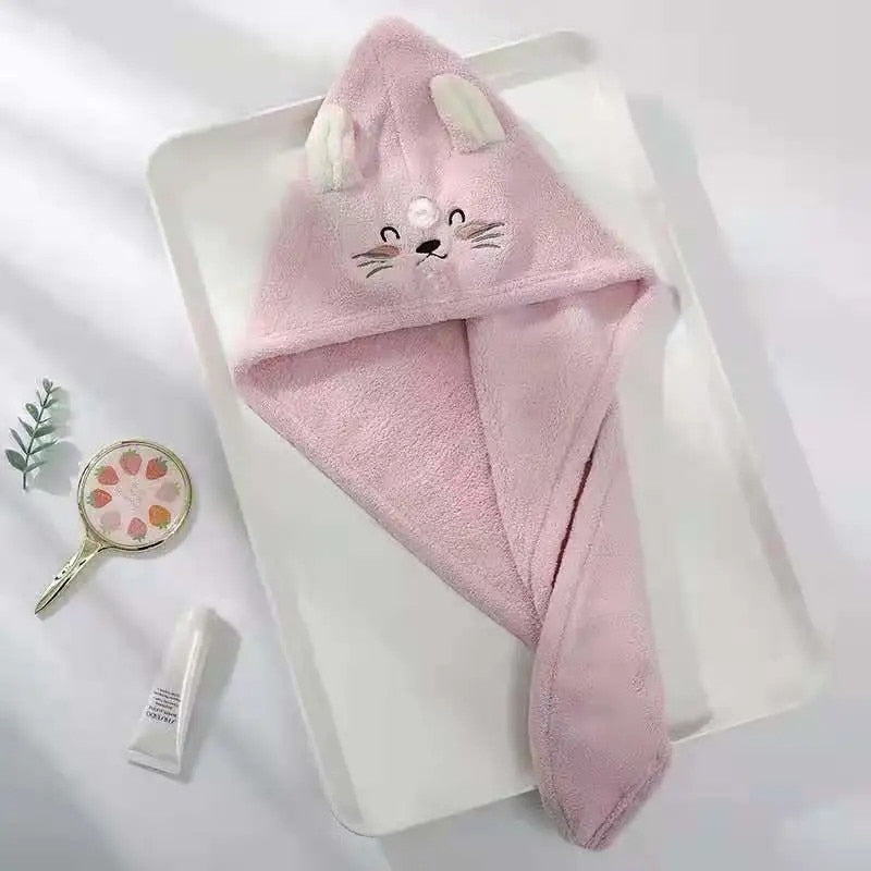 Cute Cat Hair Cap Microfiber Hair Towel Long Hair Quick Dry Hat Bath Towel Strong Water Absorbent Women Wrap Wiping Hair Towel